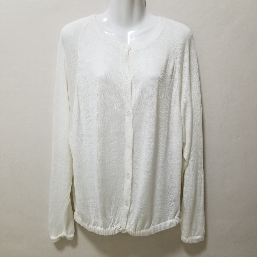 Lafayette 148 Linen Crewneck Sweater Top Cardigan Button Up Cream Oversized S
